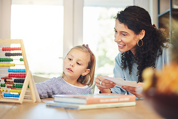 Image showing Education, abacus and mother and girl in home with teaching for lesson, homework and learning. Child development, happy family and mom and kid with educational toys for homeschool, play and activity