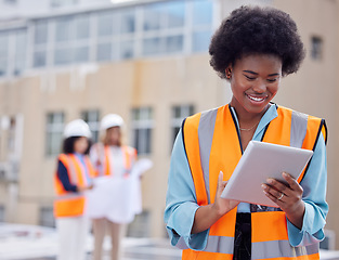 Image showing Solar panels, engineering and rooftop with woman and tablet for planning, renewable energy and leadership. Sustainability, technology or photovoltaic maintenance with African engineer for inspection