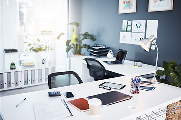 Image showing Empty office, interior and business with table, professional layout and desk in startup agency. Background of modern workplace, building and furniture in company, workspace and setup in bright room