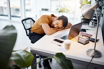 Image showing Tired business man sleeping at desk in office with burnout risk, stress problem and relax for low energy. Fatigue, lazy and depressed male employee feeling overworked, bored and bad time management