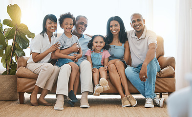 Image showing Portrait, big family and smile in home living room on sofa, bonding or having fun. Happiness, parents and grandparents with children in lounge, care and enjoying quality time together on house couch.