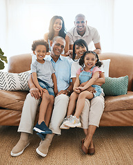 Image showing Portrait, happy and family on a sofa, relax and quality time with joy, cheerful and bonding at home. Face, grandparents or mother with father, kids on couch or happiness to relax or bonding in lounge