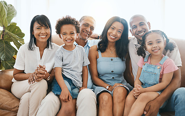 Image showing Big family, portrait and happiness in home living room on sofa, bonding or having fun. Smile, parents and grandparents with children in lounge, care and enjoying quality time together on house couch.