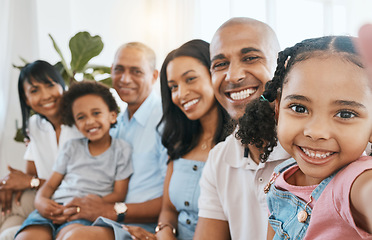 Image showing Big family, portrait and selfie smile in home living room, bonding or having fun. Happiness, parents and grandparents with children taking face pictures and enjoying quality time together in house.