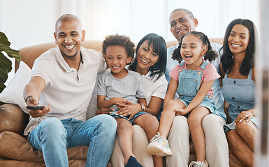 Image showing Big family, watching tv and laughing in home living room on sofa, bonding and having fun. Television, parents and grandparents with children streaming comedy movie, funny film or video together.