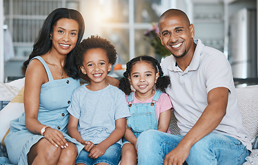 Image showing Happy, family and portrait of parents and children on sofa for bonding, quality time and relaxing at home. Love, living room and mother, father and kids on couch with smile, hugging and happiness