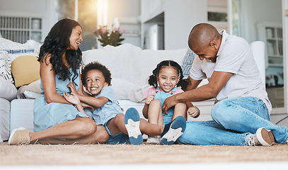 Image showing Play, family and happy parents and children on floor for bonding, quality time and relaxing at home. Love, living room and mother, father and kids playing for relationship, development and happiness