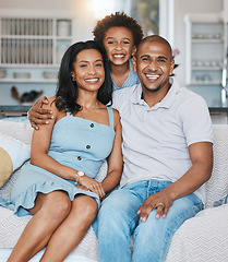 Image showing Happy, black family and portrait of parents with son on sofa for bonding, quality time and relaxing at home. Love, living room and mother, father and child on couch with smile, hugging and happiness