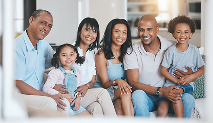 Image showing Portrait, big family and smile in home on sofa in living room, bonding or relaxing. Grandparents, parents and happiness of children on couch, care or enjoying quality time together in lounge in house