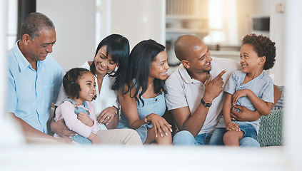 Image showing Relax, big family and smile in home on sofa in living room, bonding or having fun. Grandparents, parents and happiness of children on couch, care or enjoying quality time together in lounge in house.