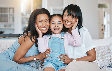 Image showing Portrait, grandmother and kid smile with mother in home living room on sofa, bonding or having fun. Family, happiness and girl with grandma and mama, care and enjoying quality time together on couch.