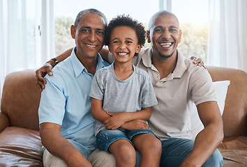 Image showing Portrait, grandfather and kid smile with dad in home living room on sofa, bonding or having fun. Family, happiness and boy with grandpa and father, care and enjoying quality time together on couch.