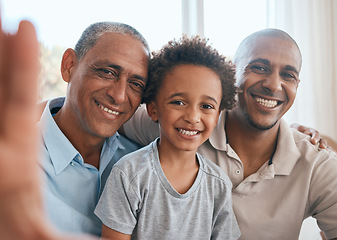 Image showing Selfie portrait, grandfather and kid with dad in home living room, bonding or having fun. Family, happiness and boy with grandpa and father, care and enjoying time together while taking pictures.