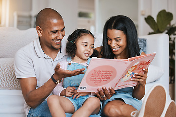 Image showing Parents, family and girl reading book in home, bonding and learning in living room. Storytelling, father and happiness of mother with kid for education, homeschool and studying in lounge together.