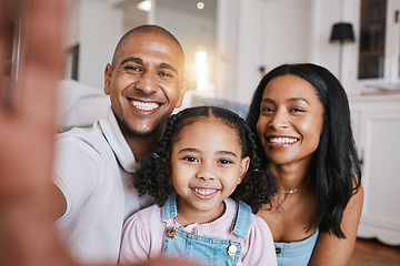 Image showing Portrait, family and selfie smile in home living room, bonding and having fun. Photo, happiness and child with parents, care and taking face pictures for happy memory, social media or profile picture