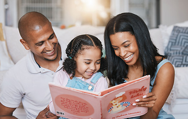 Image showing Family, smile and girl reading book in home, bonding and learning in living room with parents. Storytelling, father and happiness of mother with kid for education, homeschool and studying together.