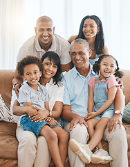 Image showing Portrait, happy and big family in home on sofa, bonding and relaxing in living room. Grandparents, parents and happiness of children on couch, care and enjoying quality time together in lounge.