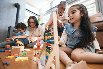 Image showing Education, toys and grandparents with children on floor for playing, educational games and learning math. Child development, family and grandpa, grandma and kids for quality time, homeschool and love