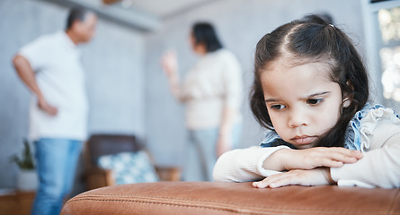 Image showing Fight, mother and father with girl, conflict and argument at home, stress and issues. Parents, mama and dad with scared daughter, sad female child or family with problems, youth anxiety or depression