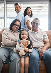 Image showing Big family, portrait and couch with grandparents, child and happiness in a living room lounge. Happy, love and parent care of a mom, dad and kid with elderly people relax on a sofa in a home