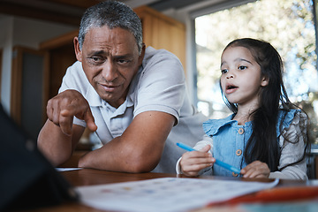 Image showing Help, homework and grandfather with a child and tablet for elearning, studying and online reading. Looking, tech and a senior man helping a girl with education, project and watching a video at home