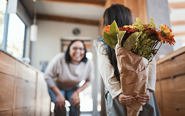 Image showing Surprise flowers, mothers day and a mother and child for a gift, birthday or gratitude for care. Love, smile and a girl kid hiding floral bouquet from mom for celebration, special event or happiness