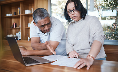 Image showing Mature couple, finance and stress of debt in home for anxiety, insurance planning or mortgage bills. Frustrated man, woman and bankruptcy of financial crisis, poor savings policy or inflation problem