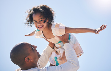 Image showing Love, father and girl with a smile, airplane and bonding with joy, quality time and playing outdoor. Portrait, parent and dad with happy daughter, female child and kid with energy, loving or cheerful