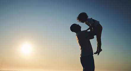 Image showing Father, lift son and sunset sky with space for mock up with game, air or bonding with love on vacation. Papa, holding male kid and playing with care, summer and outdoor mockup in sunshine for holiday