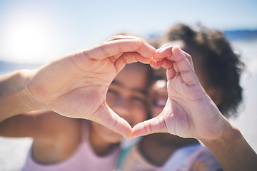 Image showing Happy, outdoor and girls with heart hands, support and wellness on break, relax or bonding. Friends, young people or children with happiness, symbol for love or emoji with care, solidarity or outside
