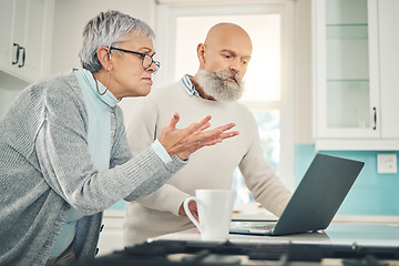 Image showing Laptop, stress and investment with a senior couple feeling anxiety about their pension or retirement fund. Computer, finance and accounting with old people problem solving their savings or budget