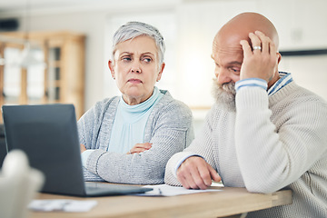 Image showing Laptop, stress and budget with a senior couple feeling anxiety about their pension or retirement fund. Computer, debt finance or accounting with old people problem solving their savings or investment