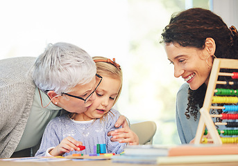 Image showing Grandmother, mom and girl learning in home with abacus for lesson, homework and education. Child development, family and mom, grandma and kid with educational toys for homeschool, play and teaching