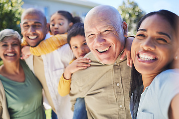 Image showing Big family, interracial and selfie with smile or happy and together. Grandparents, parents and children relax outdoor for summer time portrait or vacation and holiday with happiness on kids face.