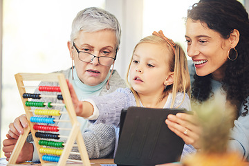 Image showing Grandma, mother and girl on tablet for education in home for lesson, homework and learning math online. Grandparent, family and mom and kid on digital tech for educational games, homeschool and study