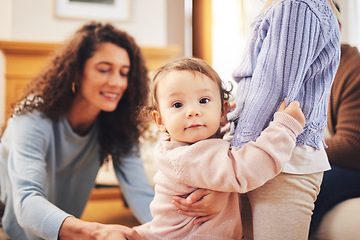 Image showing Portrait, family and baby with wellness, support and happiness at home, relax and fun. Face, child and infant with a smile, cheerful and quality time with bonding, parents and toddler in living room