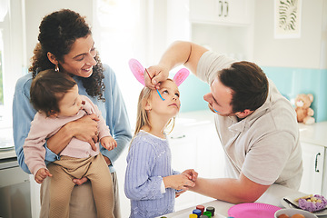 Image showing Art, creative and happy with family and face painting for celebration, holiday and bonding. Easter, color and party with children and parents with bunny ears at home for happiness, vacation or relax