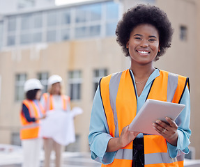 Image showing Smile, engineering and portrait of black woman and tablet for planning, architecture and leadership. Construction, technology and maintenance with engineer for inspection, digital and internet