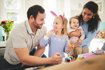 Image showing Easter, family and painting eggs with kids learning to be creative on table or color brush at home. Children, mother and happy father decorating together or mom with dad teaching young girl art.