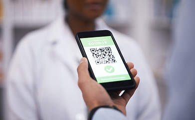 Image showing QR code, screen or hand of doctor with phone to scan test results on contactless technology online. Closeup, mobile app or medical healthcare professional with digital registration or barcode display