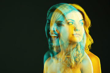 Image showing Double exposure, idea and mockup with a woman on a dark background in studio for neon art or fantasy. Overlay, thinking and beauty with an attractive young female model posing on a black backdrop