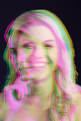 Image showing Double exposure, beauty and portrait of woman with smile on black background for cosmetics, glow and makeup. Neon aesthetic, art deco and face of female model happy, laughing and confident in studio