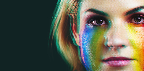 Image showing Double exposure, beauty and portrait of woman with paint on black background for cosmetics, design and art deco. Neon aesthetic, fantasy and face of female model in rainbow, creative makeup and glow