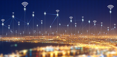 Image showing Cityscape, skyline and overlay for network, connection or iot infrastructure development for transformation. Metro, cbd and night sky of 3d holographic smart city, digital connectivity and buildings