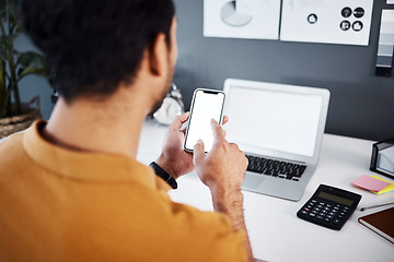 Image showing Man, phone and laptop with mockup screen for finance, budget research or accounting at office desk. Hand of financial male accountant working on mobile smartphone and computer display with copy space