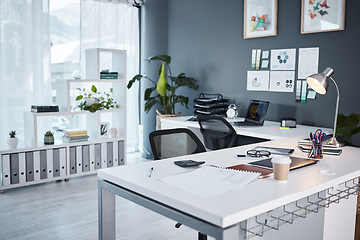 Image showing Empty office, interior and workspace with furniture, table and professional layout in startup agency. Background of modern workplace, business building and room in company, job venue or minimal setup