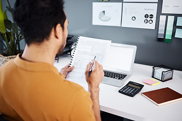 Image showing Man, accountant and documents with laptop for finance, budget or strategy at office desk. Male employee working on financial paperwork, accounting or statements of company investments or expenses