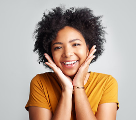 Image showing Smile, happy and portrait of woman in studio for carefree, cheerful and confidence. Happiness, smiling and natural with face of female isolated on white background for mindset, excited and self love