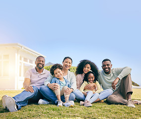 Image showing Family, portrait and generations, relax on grass with happiness, grandparents and parents with children. Happy people outdoor, mockup and summer, sitting on lawn with love and bonding at holiday home