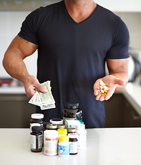 Image showing Closeup, cash and man with pills, supplements and vitamins at home, growth and muscle development. Zoom, male person and healthy model with fitness, money and medicine for body care, drugs and bills